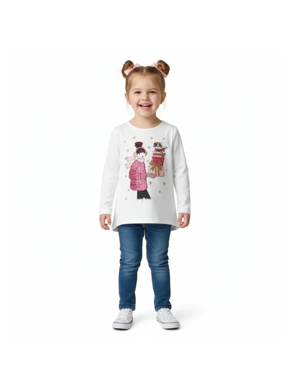 The Children’s Place Girls' White Holiday Shirt Long Sleeve T-shirt Size M (7/8)